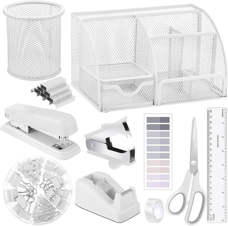AuraRay 11 in 1 Desk Organizers and Accessories - White Office Supplies - Includes White Stapler, Tape Dispenser, Pen Holder, Staple Remover, Clips, Ruler, Scissors, Tapes, Tabs - Image 1